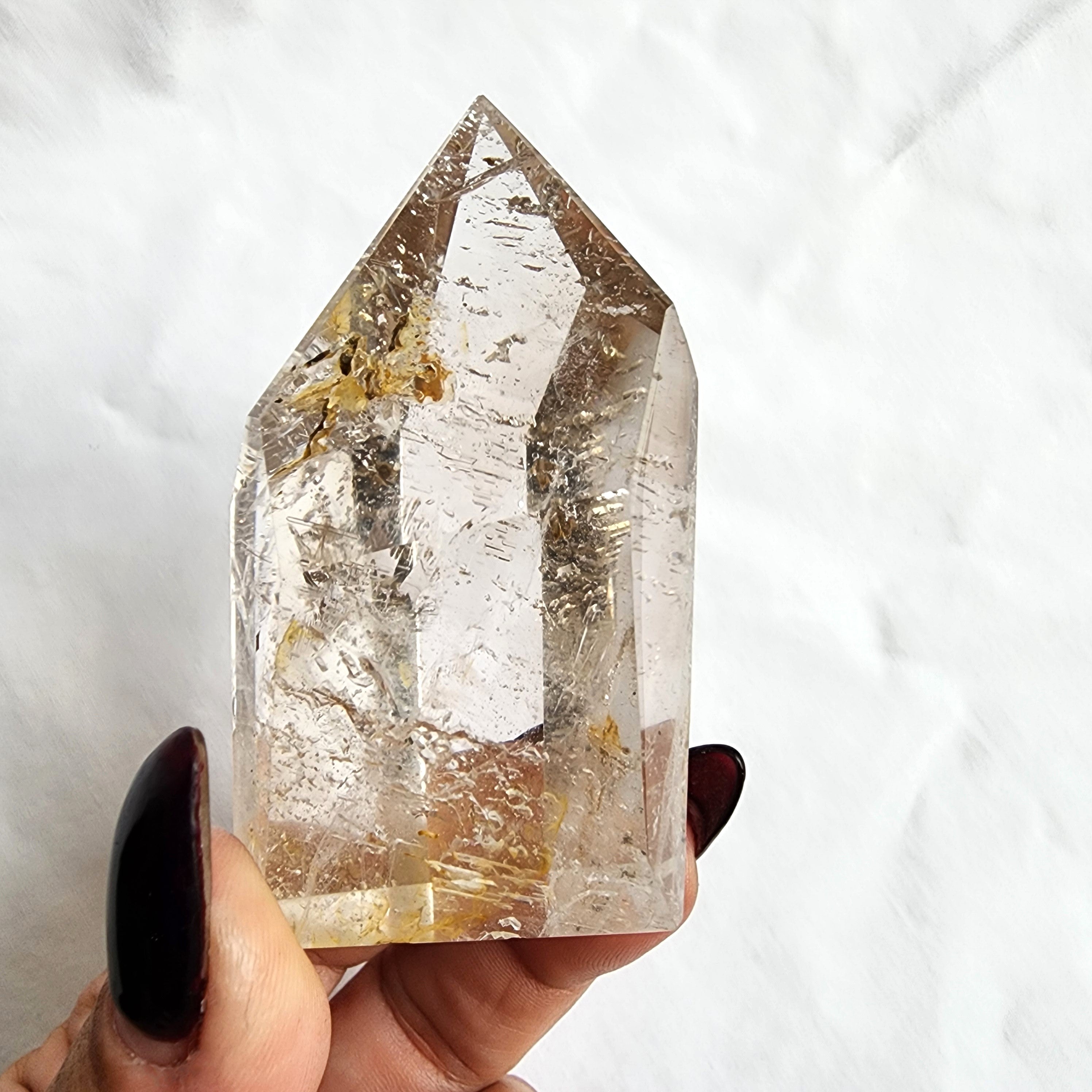 Clear Quartz Generator Point with Golden Healer Inclusions
