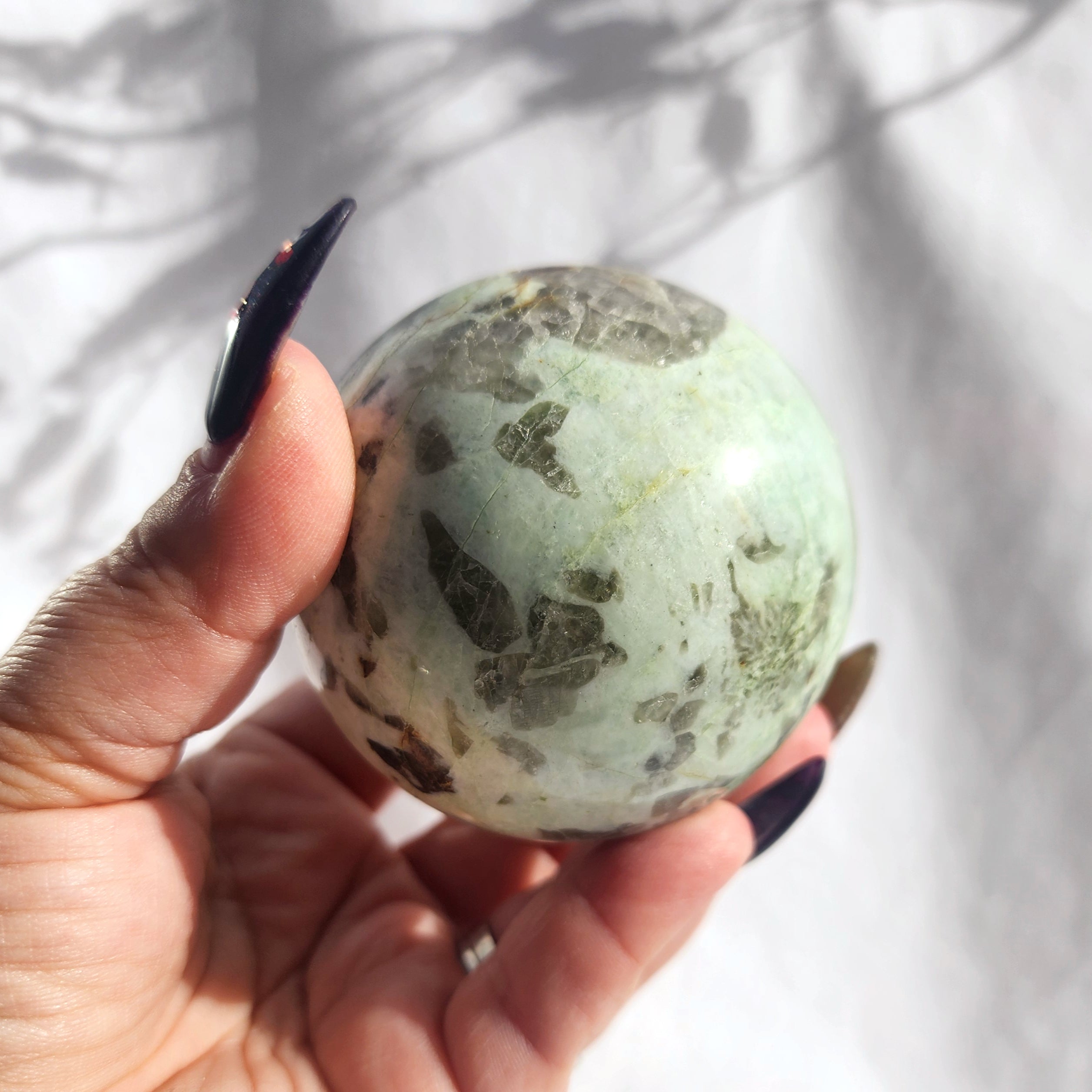 Green Moonstone with Smoky Quartz Inclusion Sphere
