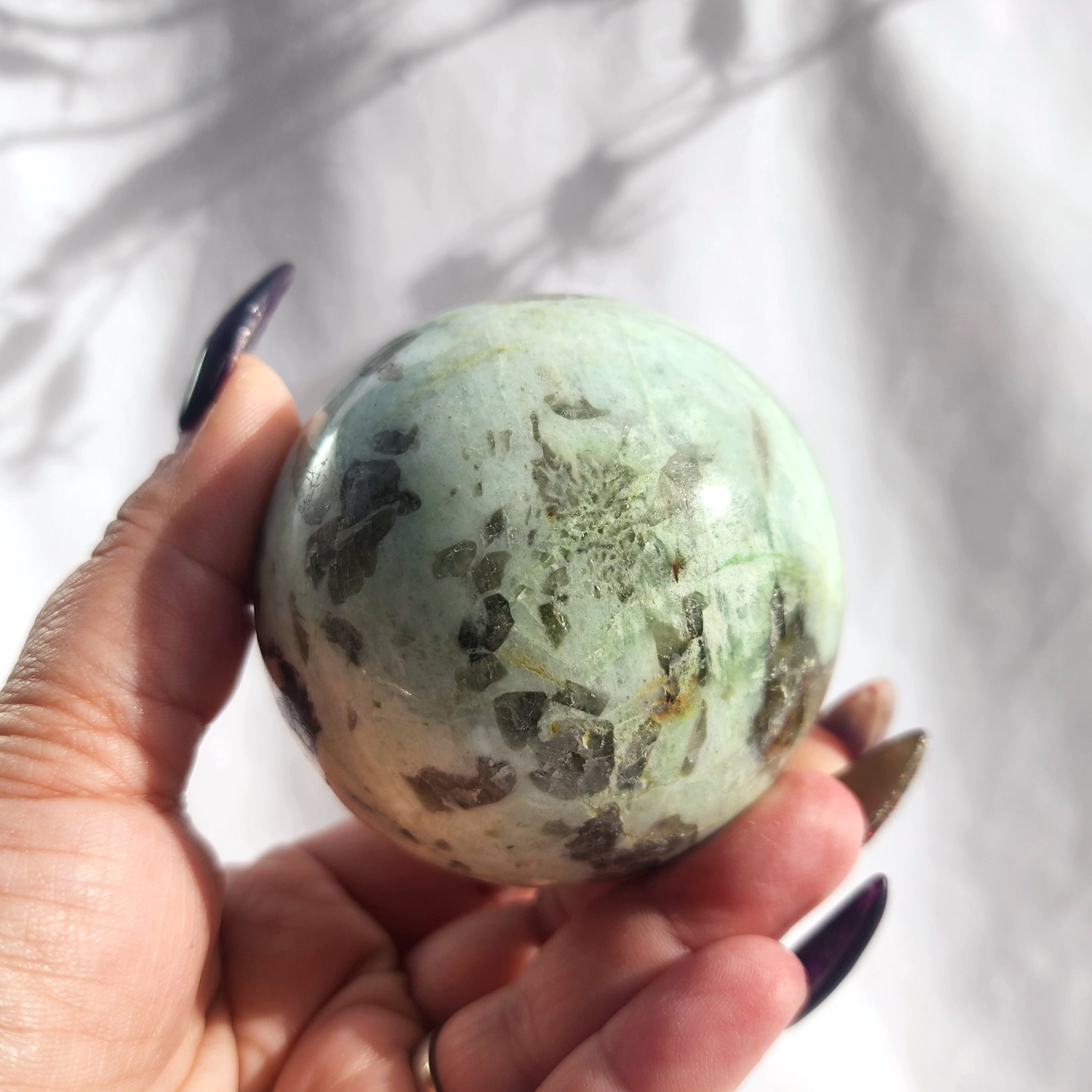 Green Moonstone with Smoky Quartz Inclusion Sphere