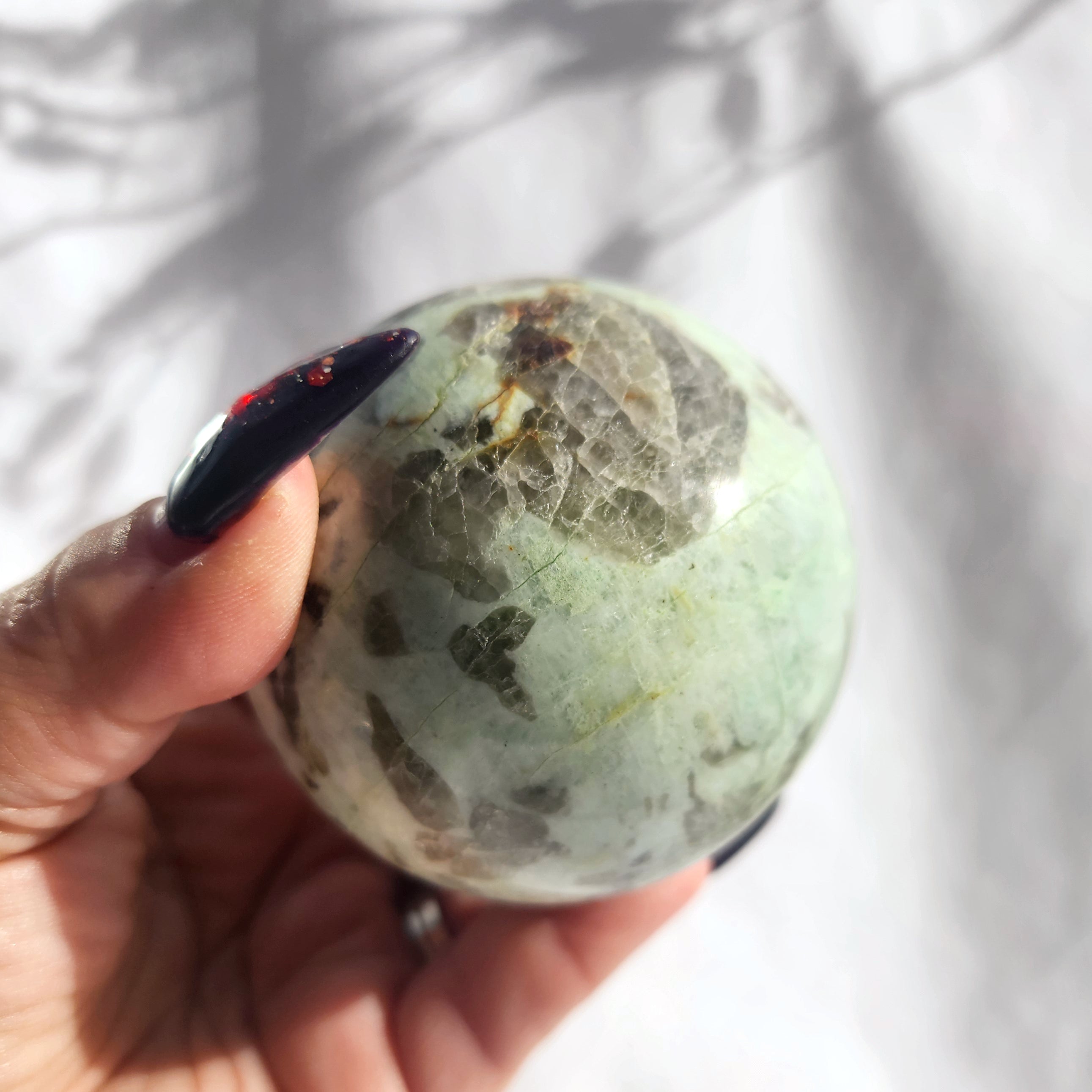Green Moonstone with Smoky Quartz Inclusion Sphere